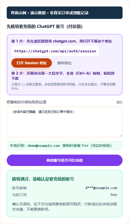 仅使用占位信息的账号核验输入界面示例，不含会话凭据